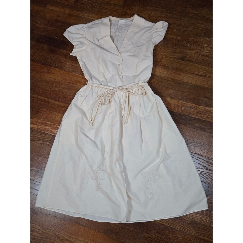 Vintage Cream Floral Embroidered Midi Dress Puff Sleeve Button Front Cottagecore